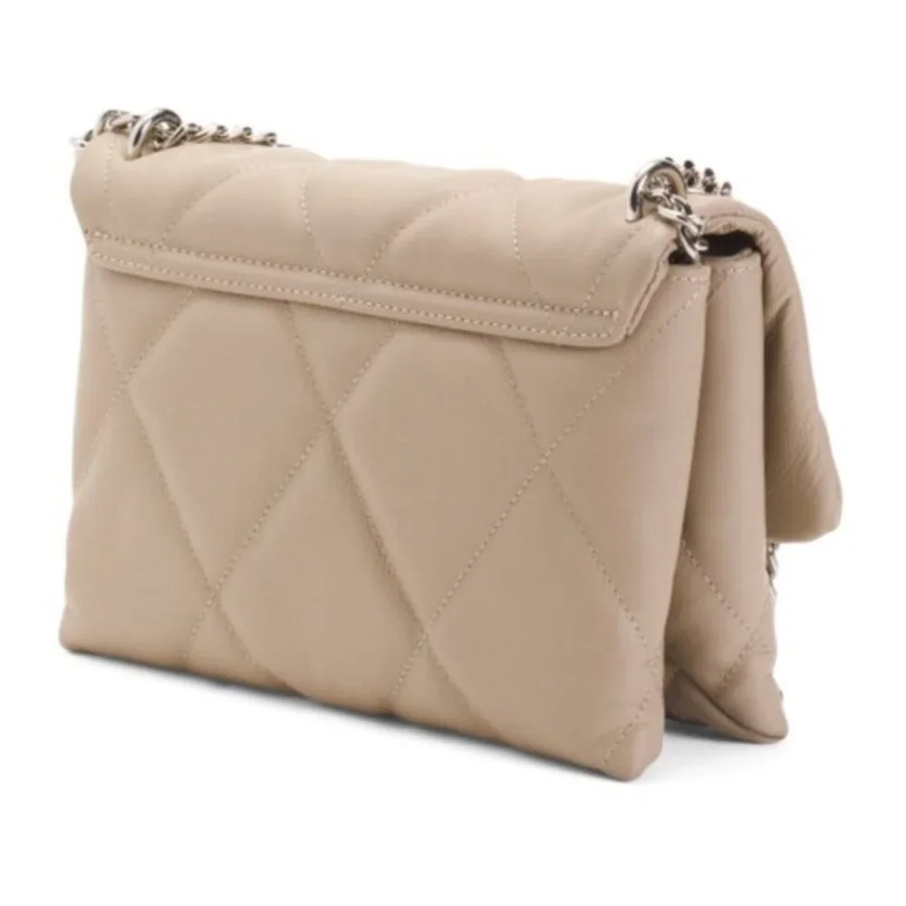 Il Duca Itlay Genuine Leather Quilted Convert Flap Handbag Taupe